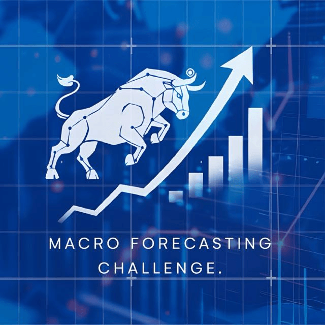 Macro Forecasting Challenge tournament graphic: a wireframe bull over a rising chart line and bar chart, on a blue background